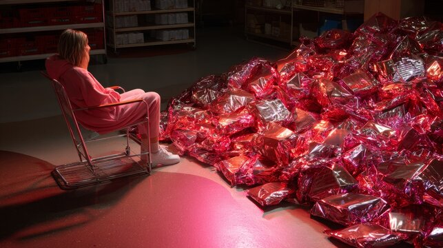 Conceptual scene with person sitting near pile of red objects creating surreal modern artistic composition with dramatic lighting and mood