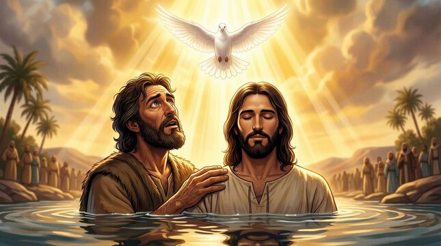 Baptism of Jesus by John the Baptist in the Jordan River with Holy Dove Descending from Heaven, 2D Animation Style