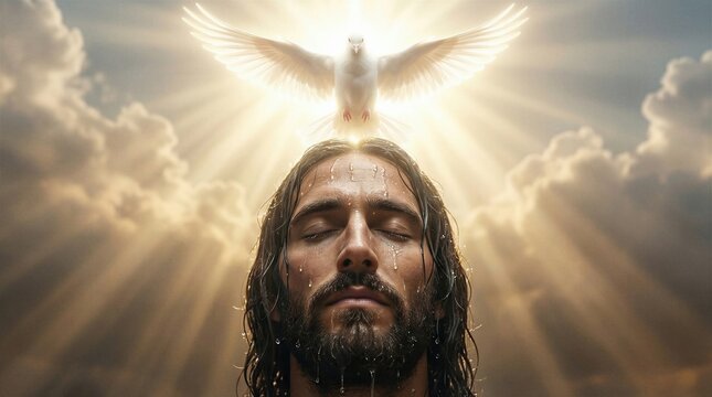 Baptism of Jesus by John the Baptist in the Jordan River with Holy Dove Descending from Heaven