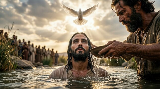 Baptism of Jesus by John the Baptist in the Jordan River with Holy Dove Descending from Heaven
