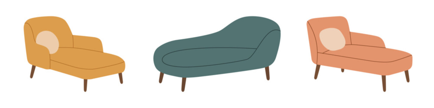 Flat modern lounge chairs and chaises. Elegant seating furniture set for home decor and design projects.