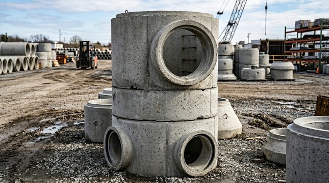 Medium shot of eccentric precast manhole and riser rings focusing on the offset opening for customized placement and versatile sewer system integration.