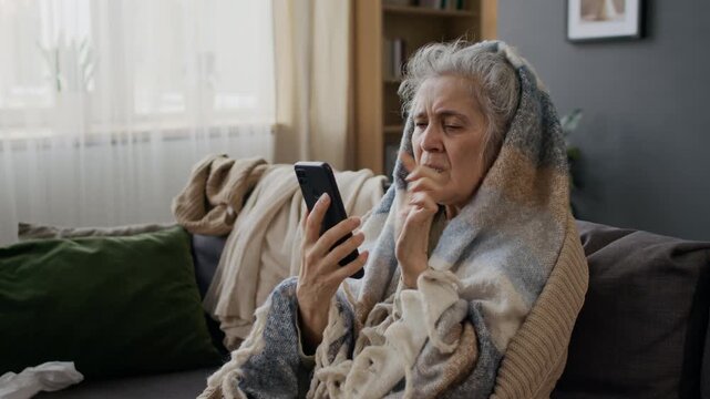 Medium shot of elderly Caucasian woman, wrapped in blankets, sitting on couch at home, browsing for flu remedy on internet on smartphone, while rubbing painful sore throat and forehead