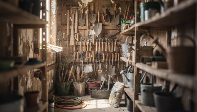 Medium shot of a lightly cluttered tool storage shed with rows of gardening equipment sharply focused while the background shelves fade softly into blur.