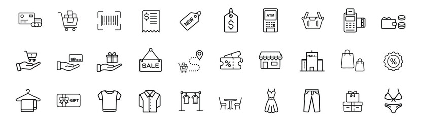 Fototapeta premium Shopping and retail line icons set featuring credit card, shopping cart, barcode scanner, payment receipt, atm machine, store front, and gift card vector illustration with editable stroke.