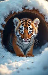 Obraz premium Small tiger cub sits in snow. Cute orange animal with black stripes and blue eyes looks forward from its winter den. Innocent baby big cat explores cold snowy environment.