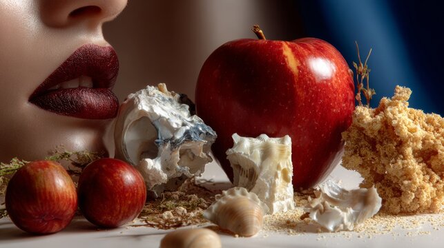 Close up of lips with apple and cream creating artistic food composition with rich textures and sensual modern visual aesthetic scene