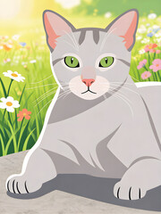 Fototapeta premium Cartoon Illustration of a Grey Tabby Cat in a Sunny Flower Meadow