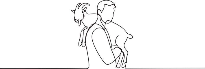Fototapeta premium Continuous Line Art Man Carrying Goat, Minimalist Vector Illustration on Isolated Background for Poster Decoration. one line art icon drawing vector