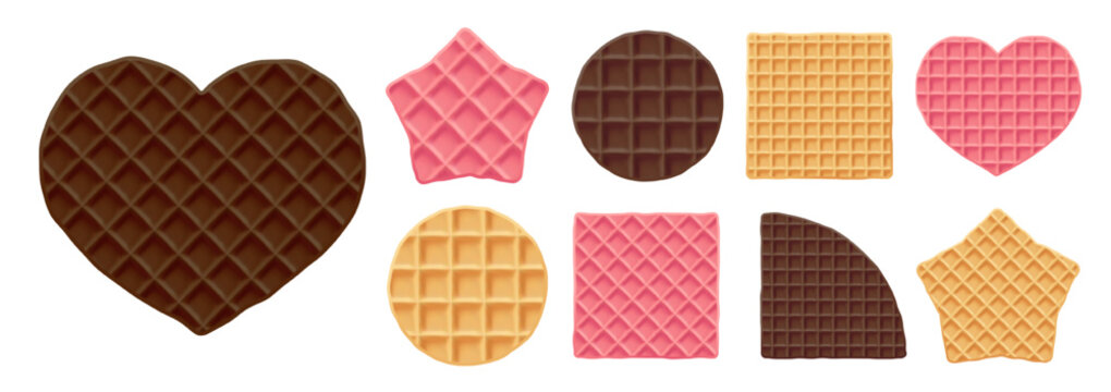 Heart-shaped chocolate waffle cracker pancakes, pink square waffle. Brunch pattern with round stroopwafel creamy biscuit, circle star vector icon. Dutch coffles texture of realistic 3d graham cookies
