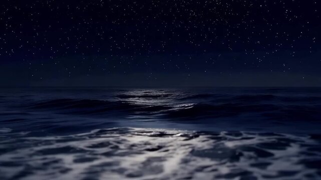 Cinematic 3D render of a vast dark ocean at night under a star-filled sky. Gentle waves rolling across the deep blue water, representing peace, mystery, and infinity.
