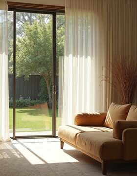 Sunlit living room with sofa and sheer curtains opens to green garden. Calm neutral interior design offers cozy seating area with garden view. Modern home decor creates relaxing atmosphere.