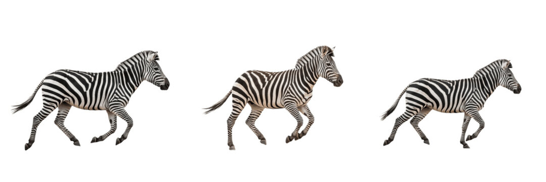 Set of Three African Plains Zebras Running and Galloping Isolated on White Background for Wildlife Png