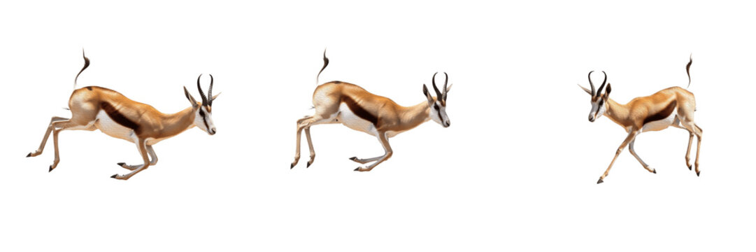 Set of Three Springbok Antelopes Jumping and Running Isolated on White Background for Wildlife Design Png