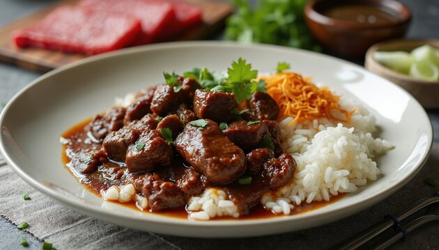 Nasi daging masak hitam is rich Malaysian stew beef dish served with white rice. Savory meat cooked slowly in dark sauce, topped with fresh cilantro and shredded carrots.