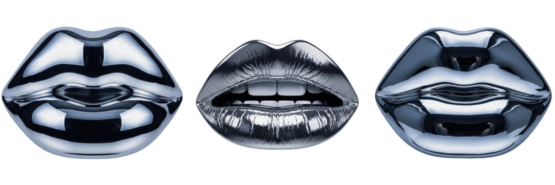 Metallic Silver Chrome Lips Set with Reflective Liquid Surface Isolated on White Background for Fashion