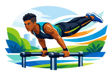 Fototapeta premium Athletic man performing a handstand on parallel bars with a city skyline in the background
