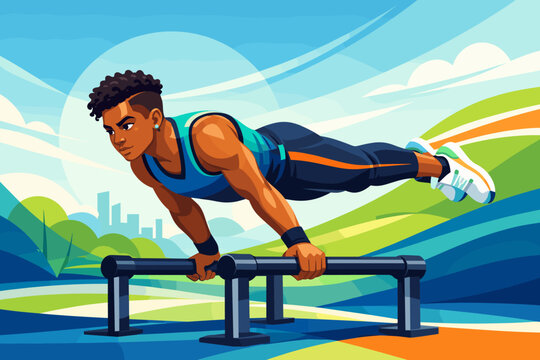 Fit man doing a challenging dip exercise on parallel bars outdoors