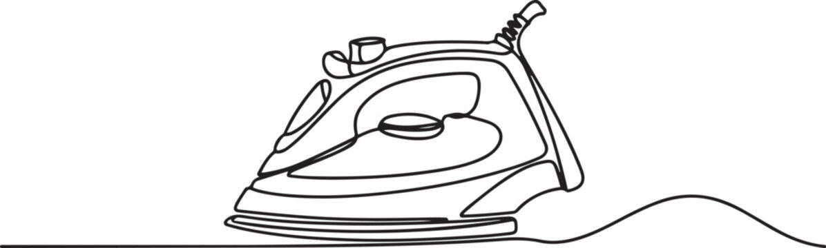 Continuous single line of electric iron clothes home appliance. one line art icon drawing vector