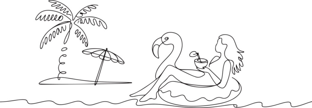 beach vacation summer travel woman with swimming pool inflatable flamingo float toy beach coconut palm tree and umbrella. one line icon drawing vector