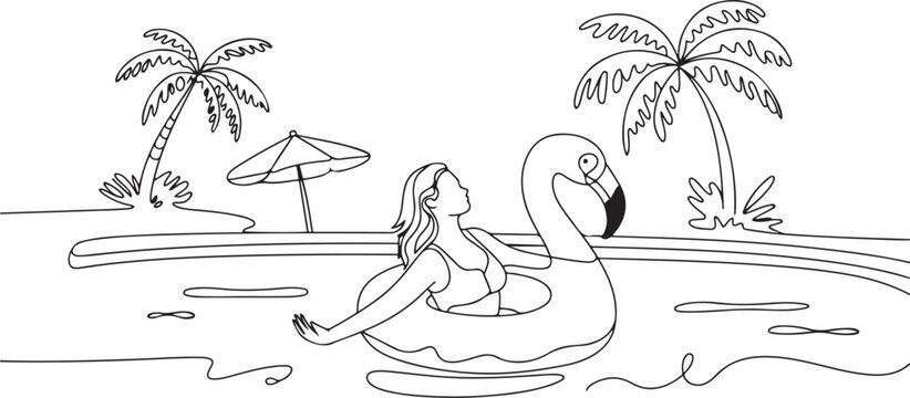 beach vacation summer travel woman with swimming pool inflatable flamingo float toy beach coconut palm tree and umbrella. one line icon drawing vector