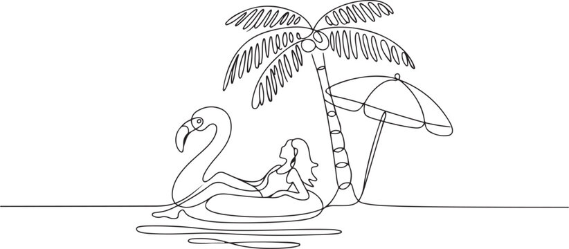 beach vacation summer travel woman with swimming pool inflatable flamingo float toy beach coconut palm tree and umbrella. one line icon drawing vector