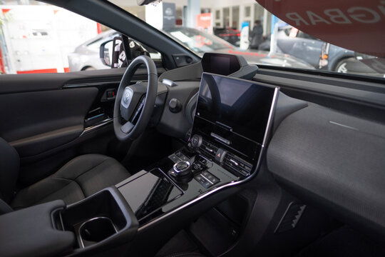 luxurious leather seats and modern dashboard Toyota bZ4X car, electric vehicle, EV technology in automotive industry, Frankfurt - December 13, 2023