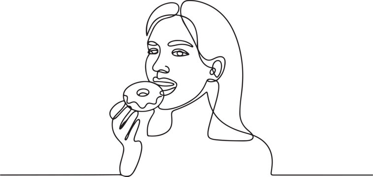 woman hold and eat sweet donut in closeup portrait. one line icon drawing vector