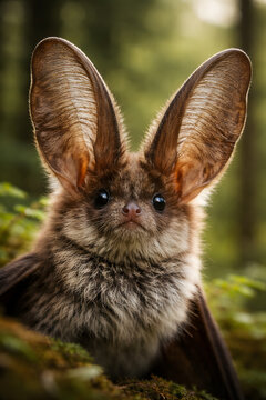 Brown long-eared bat close-up portrait in Harz forest, Germany, with large translucent ears, soft bokeh background, ultra detailed fur, natural light, realistic wildlife macro photography.
