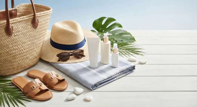Accessori per vacanze estive con cosmetici, cappello e borsa di paglia. Generative AI