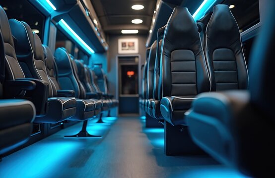 Modern bus interior features plush black seats with white accents. Ambient blue LED lighting creates a futuristic atmosphere inside passenger vehicle. Comfortably seating.