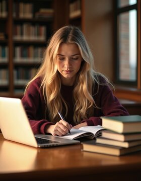 Young woman studies with laptop and books at library desk. Female student writes in notebook. Natural light creates warm study atmosphere. Bookshelves line background.