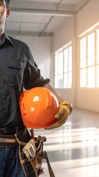 Construction worker, holding an orange hardhat, in a bright, empty space. Showing a toolbelt and yellow work gloves