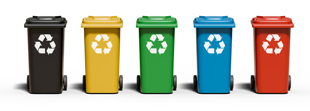 Set of colored recycling bins isolated on transparent background PNG. High resolution 3D render of waste sorting containers for environmental management concept.