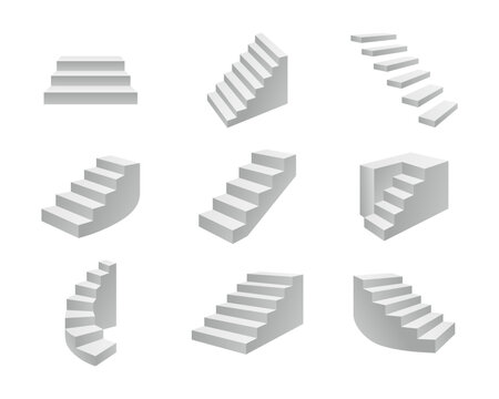Set of 9 grey 3D isometric staircase icons. Collection of minimal modern stair designs.