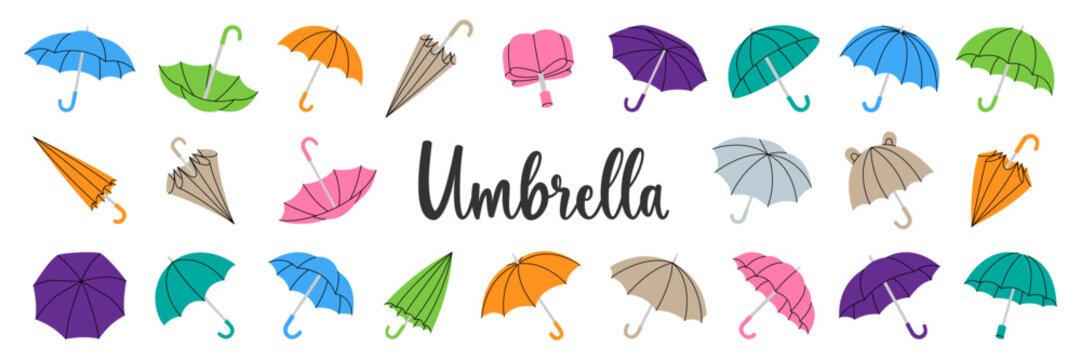 Colorful vector umbrella collection with various styles and shapes, seamless pattern of open and closed umbrellas for decor and design