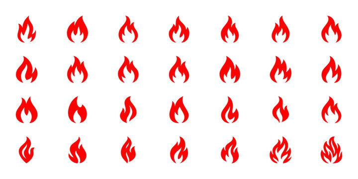 Set of 28 red fire flame icons isolated on white background. Vector burning flame symbols for hot, heat, energy and fire concept design