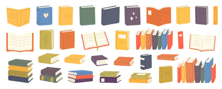 Large flat vector collection of books in various positions and styles. Colorful and playful educational illustration