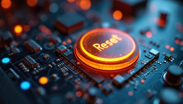 Close view of glowing reset button on computer circuit board. Electronic components and lights on motherboard, technology concept for system restart or reboot.
