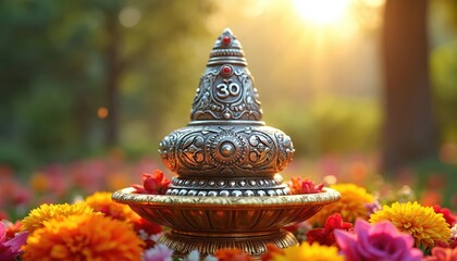 Obraz premium Ornate silver Shiva Lingam with Om symbol sits in colorful flowers. Sunlight illuminates the sacred object for Hindu worship and spiritual rituals.