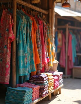 Colorful Indian kurtis and scarves hang on wooden rack. Stacks of printed fabrics rest on wooden bench at outdoor market. Traditional textile designs feature intricate patterns and vibrant hues.