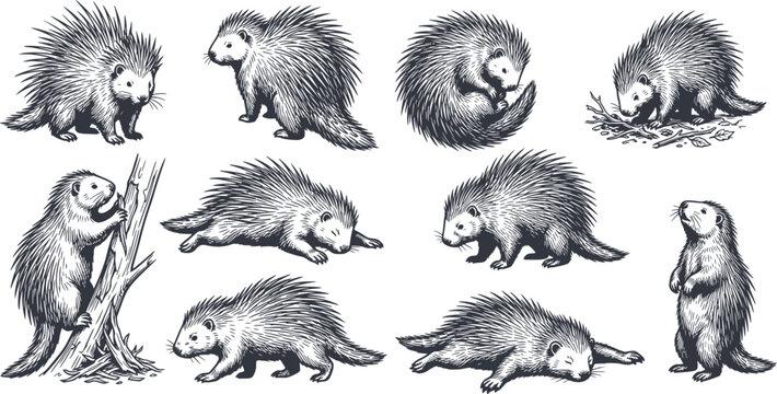 hand drawn porcupine set in various poses including walking and climbing created with black fill and no white fills for versatile design use