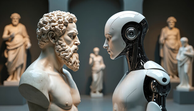 Marble bust of ancient philosopher faces modern AI robot statue. Classical Greek sculpture opposes futuristic android in museum gallery. Old vs new art dialogue.
