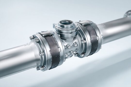 Close technical cutaway of a heated loading arm displaying polished stainless steel pipe joints and complex industrial hardware.