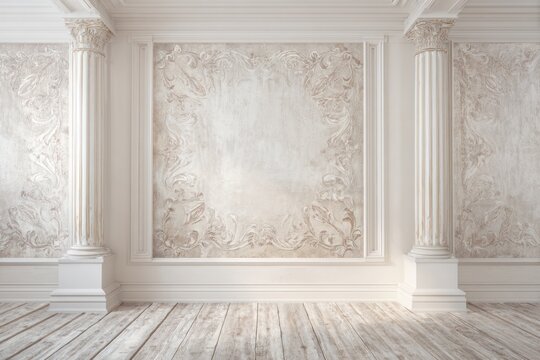 An empty luxury interior displays an ornate neoclassical wall with floral moldings, marble columns, and a rustic wooden floor.