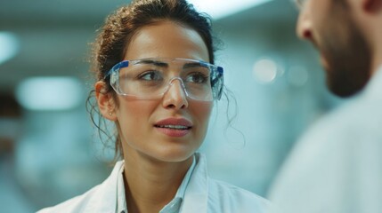 A 32-year-old Middle Eastern female scientist with olive skin wears safety goggles and a lab coat while talking to a colleague.