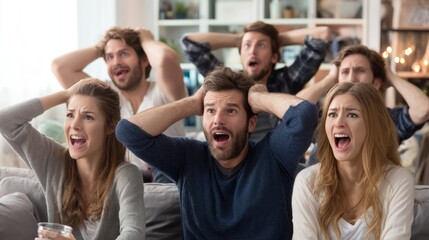 Obraz premium A coed group of young Caucasian adults with fair skin reacts with shock and tension while watching TV in a bright lounge scene.