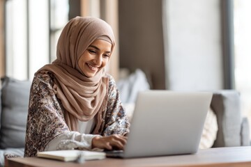 Middle Eastern young woman in her 20s with olive skin wearing a hijab and patterned dress smiles while using a laptop at home.