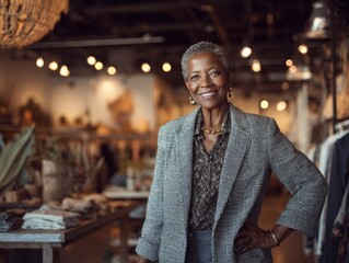 A confident 55-year-old Black female business owner with dark skin and gray hair smiles inside her boutique wearing a gray blazer.