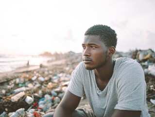 A 22-year-old African American male volunteer with dark skin sits on a polluted beach covered in plastic waste and trash.